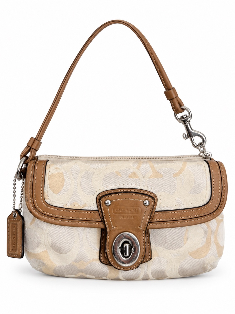Coach Signature Jacquard Turnlock Wristlet Cream & Tan Y2K